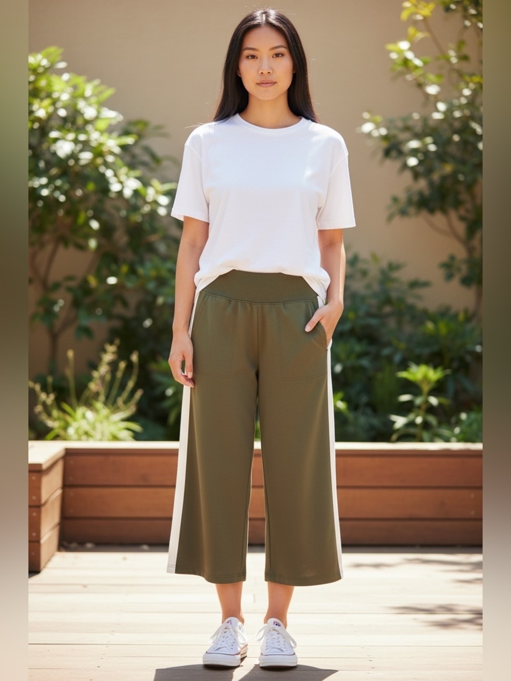 BAILEY 44 Olive Green Wide Leg Side Stripe Cropped Track Athletic Yoga Pants S